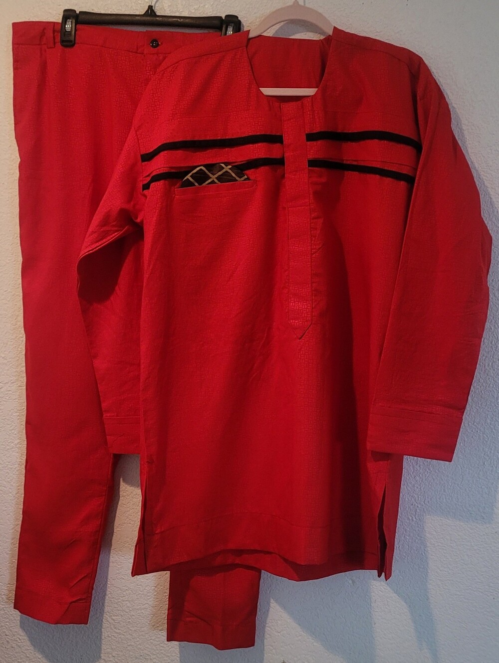 African Men’s Clothing 2 Piece Set Dashiki Red Shirt & Pants Size 1XL Handmade